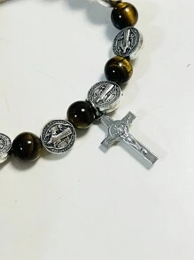1pc Vintage  Saint Benedict Natural Stone Bead, Tiger Eye Cross Alloy Pendant, Prayer Beads Bracelet For Men