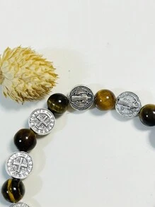1pc Vintage  Saint Benedict Natural Stone Bead, Tiger Eye Cross Alloy Pendant, Prayer Beads Bracelet For Men