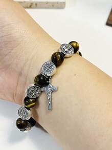 1pc Vintage  Saint Benedict Natural Stone Bead, Tiger Eye Cross Alloy Pendant, Prayer Beads Bracelet For Men