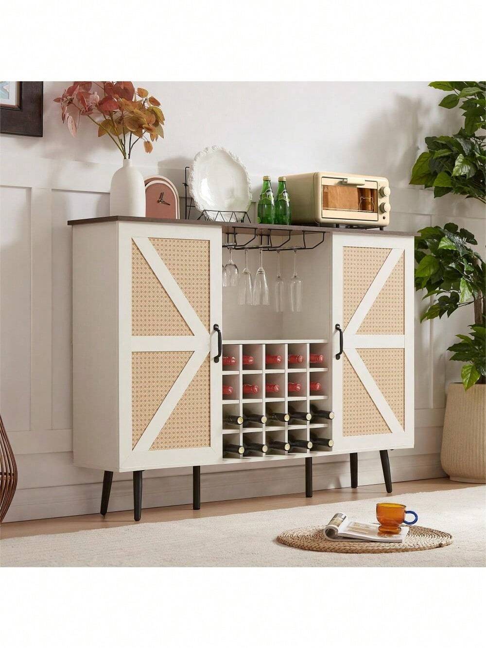 White Faux Rattan Barn Door Wine With Wine Rack And Wine Glass