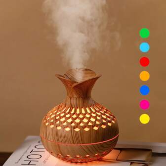 1pc Portable 300ml Air Humidifier, 7 Colors Light Flower Shape Creative Humidifier, USB Powered, Wood Grain Desktop Atmosphere Light Humidifier, Suitable For Bedroom, Study, Living Room