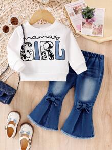 Baby Girl Mama's Girl Letter Print Long Sleeve Sweatshirt And Butterfly Decor Flare Leg Jeans Set - White - View 2