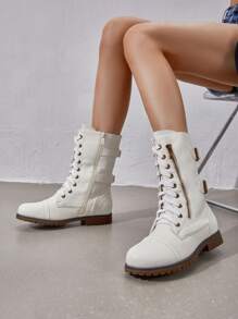 Women'S Combat Boots Lace Up Mid Calf Built-In Wallet Pocket Double Buckle Strap Decoration Comfortable Outdoor Motorcycle Christmas Winter Black Boots