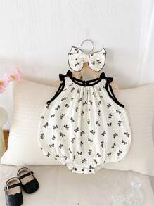 1pc Baby Girls Casual Sleeveless Bodysuit With Butterfly Print & Headband, Summer - White - View 1