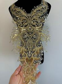 Lace Applique With Beaded Sequin Embroidery Floral Back Lace Appliques Patches For Craft Projects (Golden) - Gold - View 8