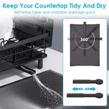 Dish Drainer Rack Kitchen Sink Drying Rack Bowl Plate Holder W/360° Drip Tray UK - Black - View 6