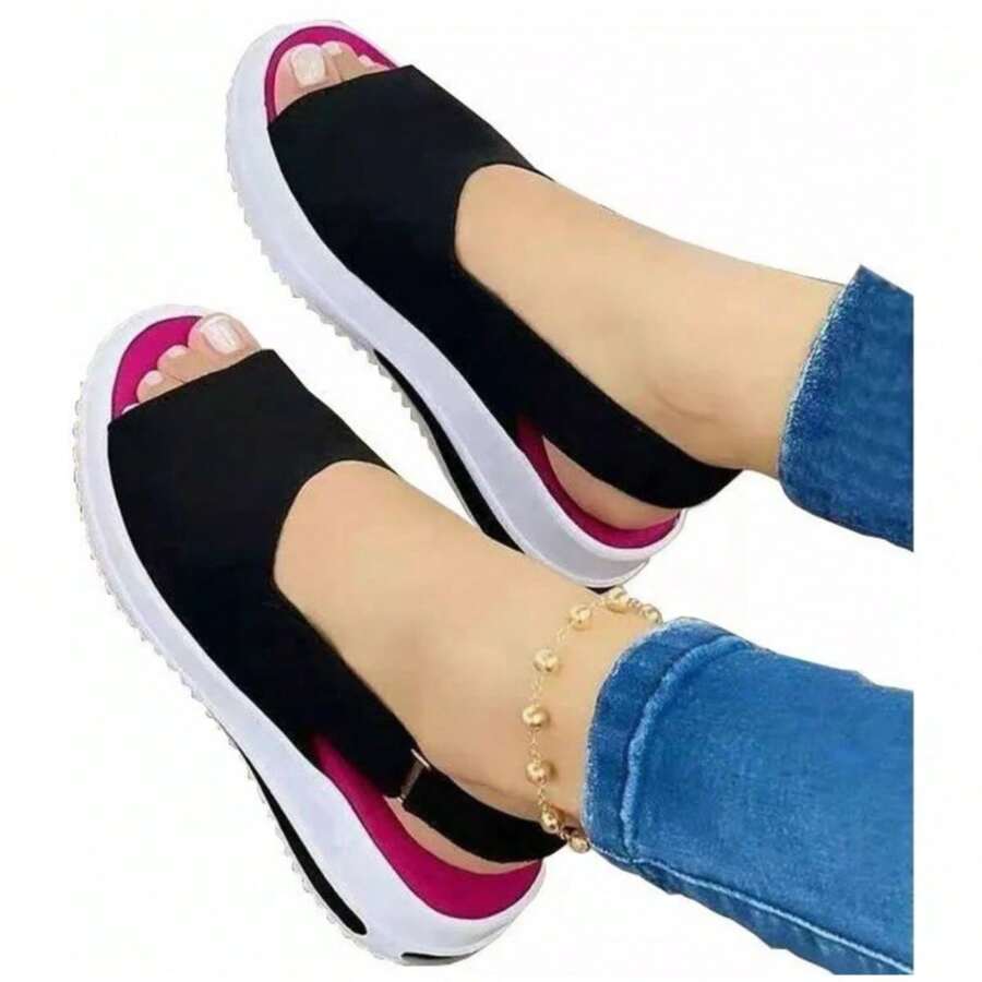 Sandalias de Cuña Media con Punta Abierta Básica Para Mujer, Sandalias de Punta Abierta Para Mujer Zapatos Zapatillas de Deporte Cuñas de Moda Para Mujer Alpargatas Zapatos Deportivos de Verano,Negro Azul Rosa Rojo - Negro - Ver 1