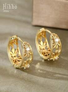 Hihho 1 对复古铜镶嵌锆石空心几何圆形设计耳环，带复古图案，适合女性，时尚耳饰和节日礼物 - 金黃色 - 查看 5