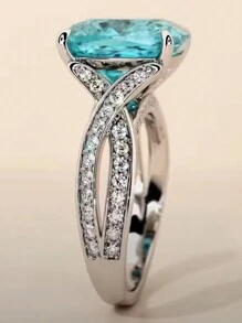 1入流行的方形寶石女戒 - 湖藍色 - 查看 3