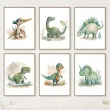 1 pièce Peinture sur canevas de décoration de maison en combinaison, affiche de peinture minimaliste nordique à l'aquarelle d'animal dinosaure de bande dessinée pour la décoration de chambre d'enfant, décoration murale d'art mignon sans cadre pour salon, chambre, bureau, cadeau d'enfant