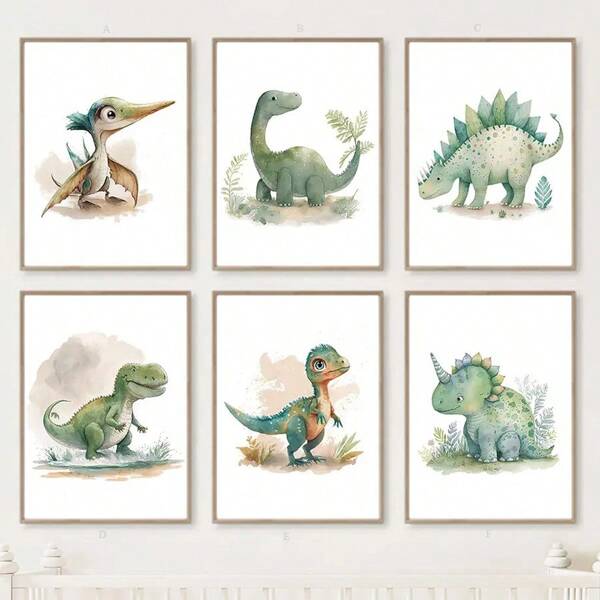 1 pièce Peinture sur canevas de décoration de maison en combinaison, affiche de peinture minimaliste nordique à l'aquarelle d'animal dinosaure de bande dessinée pour la décoration de chambre d'enfant, décoration murale d'art mignon sans cadre pour salon, chambre, bureau, cadeau d'enfant
