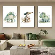1 pièce Peinture sur canevas de décoration de maison en combinaison, affiche de peinture minimaliste nordique à l'aquarelle d'animal dinosaure de bande dessinée pour la décoration de chambre d'enfant, décoration murale d'art mignon sans cadre pour salon, chambre, bureau, cadeau d'enfant