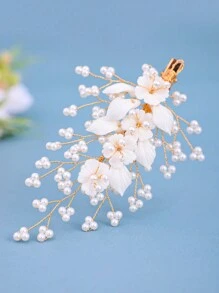 1pc Elegant Flower & Pearl Hair Clip, Bridal Wedding Hair Accessory - White - View 2
