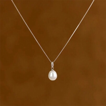 1pc White Teardrop Pendant Necklace With High-Glossy S925 Silver And Fine Freshwater Pearls