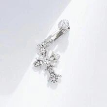 3pcs Women's Gift Stainless Steel Belly Button Ring Set, Non-Piercing Fake Navel Rings With Copper Inlaid Cubic Zirconia, Heart, Butterfly, And Cross Elements, Sexy Body Jewelry Valentines,Mom,Mother,Mother's Day,Gift - Silver - View 5