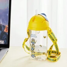 Miniso Collection Plastic Water Bottle With Straw And Shoulder Strap (400mL) - Yellow - View 1
