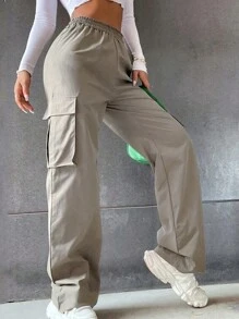 Pantalones de mujer Pantalones anchos rectos de cintura alta holgados con bolsillos Pantalones de moda versátiles - Gris Claro - Ver 1