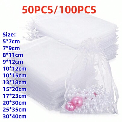 50/100pcs White Organza Gift Bags, Candy Bags For Tableware, Wedding Necessities Favor Bags, Halloween & Christmas Home Supplies Packaging Bags