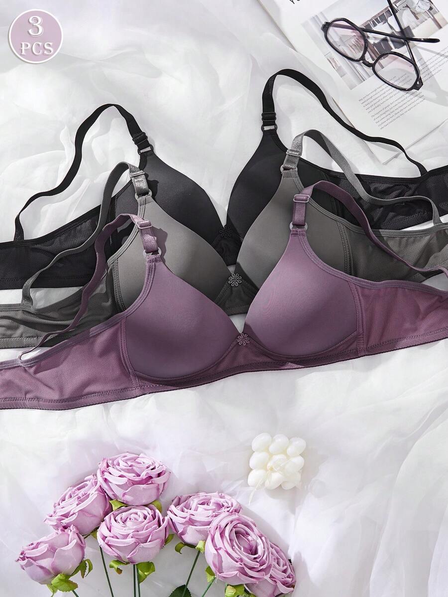 3入組女士舒適睡眠多色無線透氣軟杯實心內衣文胸 - 彩色 - 查看 1