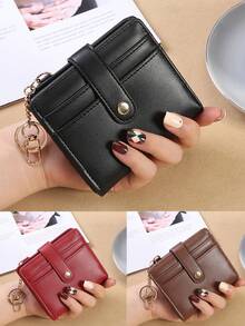 Women's New Simple Buckle Wallet With Keychain, Bifold Coin Purse, Multifunctional Card Holder, Credit Card Wallet With Multiple Card Slots - Black - View 1