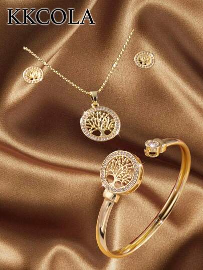 KKCOLA 4 Pieces Set Fashionable Tree Of Life Cubic Zirconia Necklace Earrings Bracelet Gift Box High-End Jewelry Birthday Gift Stainless Steel Accessories Party Mother Day Gift Fashion Jewelry Chain Accessories Daily Wear Gift