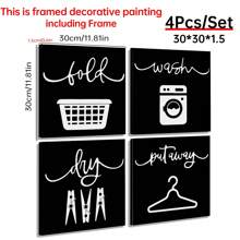 4入組，鄉村農舍洗衣房裝飾-掛牆用帆布標誌-鄉村農舍洗衣房牆壁裝飾-鄉村農舍洗衣房標誌-鄉村農舍洗衣房裝飾-鄉村農舍裝飾性的鄉村洗衣房牆身裝飾-不含相框 - 彩色 - 查看 4