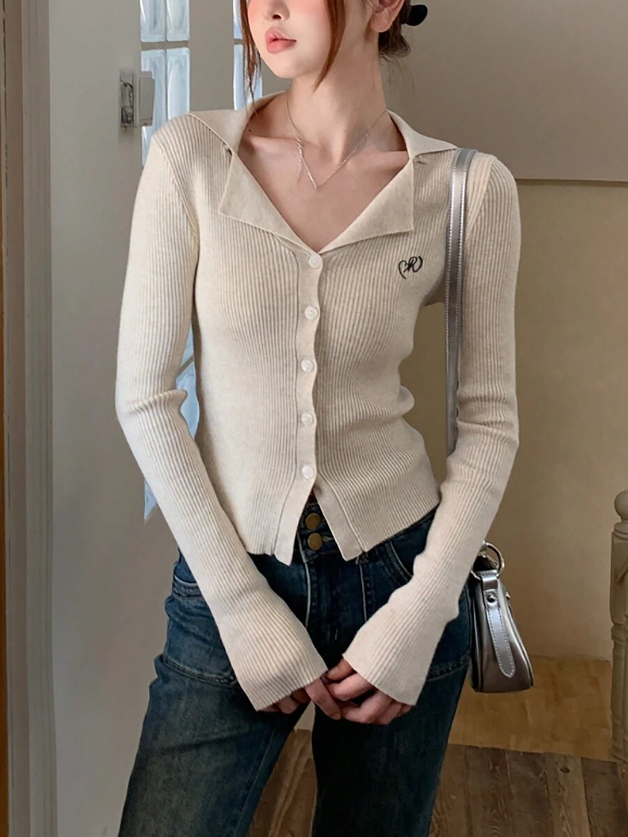 Embroidered Collar Design Knit Cardigan - Apricot - View 1