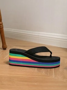 Women's Rainbow Thick Sole High Heel Flip Flops, Suitable For Spring, Summer And Autumn, Outdoor Fashion Casual Non-Slip Sandals