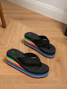 Women's Rainbow Thick Sole High Heel Flip Flops, Suitable For Spring, Summer And Autumn, Outdoor Fashion Casual Non-Slip Sandals