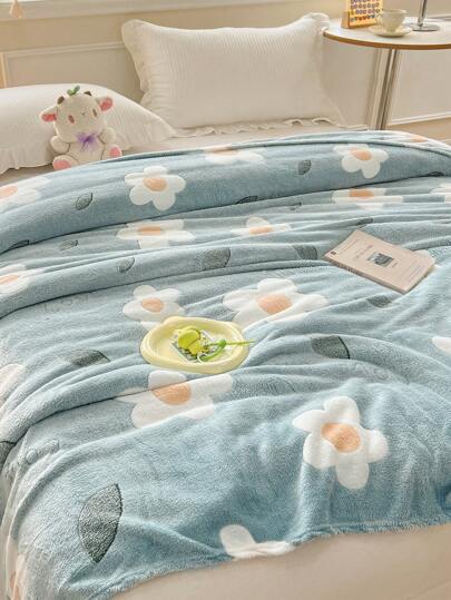 1入組軟悅毛毯，藍色花卉圖案，柔軟親膚，多尺寸通用披肩毛毯，適用於客廳沙發，臥室床上使用