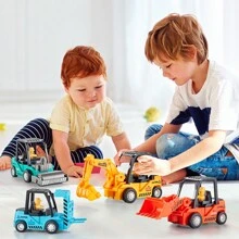 含挖掘機、推土機、壓路機、升降機玩具的建築玩具套裝，適合幼兒、3-6歲男女童，摩擦推動推行玩具車，砂坑卡車輛，建築車輛玩具套裝含推土機、挖掘機、壓路機 - 彩色 - 查看 4