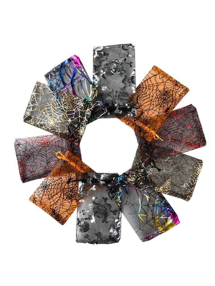 10pcs/30pcs/Pack Favors Candy Spiders & Skull Pattern Drawstring Organza Gift Bags Decor Favors Supplies Decor Decorations Home Bag - Multicolor - View 1