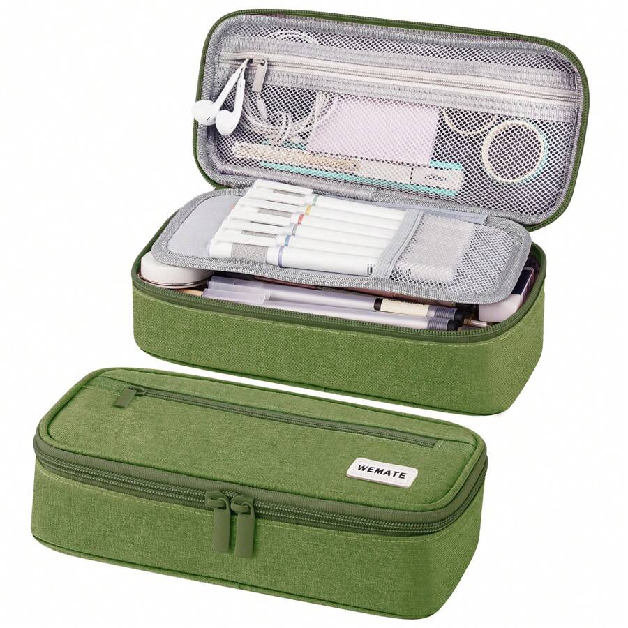 Large Pencil Case,Pencil Pouch With Zipper Compartments,Aesthetic Pencil Case For Adults,Stationery Pouch Pen Case For Office,Suitable For Junior High School Primary School Boys And Girls College Student - 軍綠色 - 查看 1