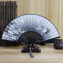 1pc Vintage Style Folding Fan, Oriental Fabric Fan Gift For Friends And Holidays - Multicolor - View 2