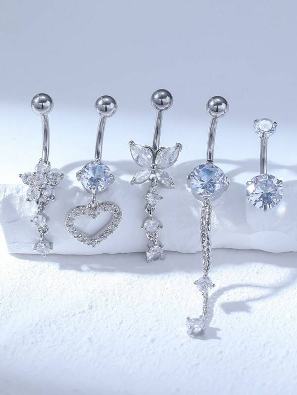 Set de 5 piezas de joyería enchapada en plata de acero inoxidable, que incluye anillos para el ombligo con forma de corazón, flor y lazo de circonita, adecuados para San Valentín, Navidad, Halloween, Pascua, fiestas de cumpleaños, fiestas en la playa, decoraciones, para San Valentín, mamá, madre, Día de la Madre, regalo