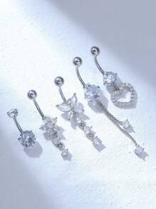 Bộ trang sức thép không gỉ mạ bạc 5 chiếc, bao gồm nhẫn rốn hình trái tim, hoa, nơ bằng zirconia dành cho phụ nữ, thích hợp cho ngày lễ tình nhân, giáng sinh, halloween, lễ phục sinh, tiệc sinh nhật, trang trí tiệc bãi biển ngày lễ tình nhân, mẹ, mẹ, ngày của mẹ, quà tặng - Bạc - Xem 2