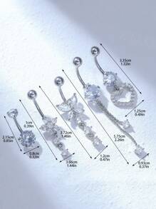 Bộ trang sức thép không gỉ mạ bạc 5 chiếc, bao gồm nhẫn rốn hình trái tim, hoa, nơ bằng zirconia dành cho phụ nữ, thích hợp cho ngày lễ tình nhân, giáng sinh, halloween, lễ phục sinh, tiệc sinh nhật, trang trí tiệc bãi biển ngày lễ tình nhân, mẹ, mẹ, ngày của mẹ, quà tặng - Bạc - Xem 3