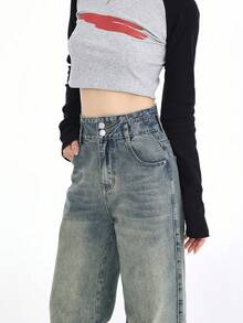 女款休閒時尚直筒牛仔褲，具有水洗效果和口袋設計 - 藍色 - 查看 7