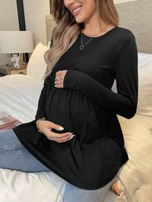 Maternity Tee, Cute Design, Slim Fit, Early Autumn With Long Sleeve - Black - View 3
