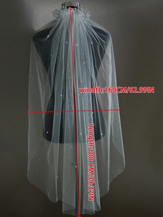 Pärlbesatt brudslöja med rosett och vackra fuskpärlor, fingertoppslång, perfekt för fester och bröllop