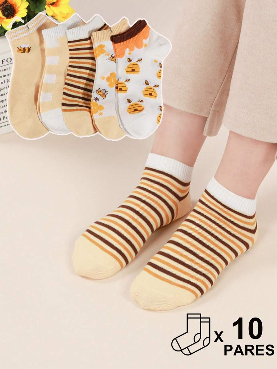 10 Pares Calcetines Amarillos Para Mujer, Finos, Transpirables, Poco Profundos Y Que No Caen, Calcetines Con Estampado De Dibujos Animados Para Mujeres Jóvenes - Amarillo - Ver 1