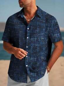 Men's Plus Size Hawaiian Vacation Casual Outdoor Geometric Line Art Pattern 3D Digital Print Lapel Pocket Loose Fit Holiday Leisure Short Sleeve Shirt - Multicolor - View 2