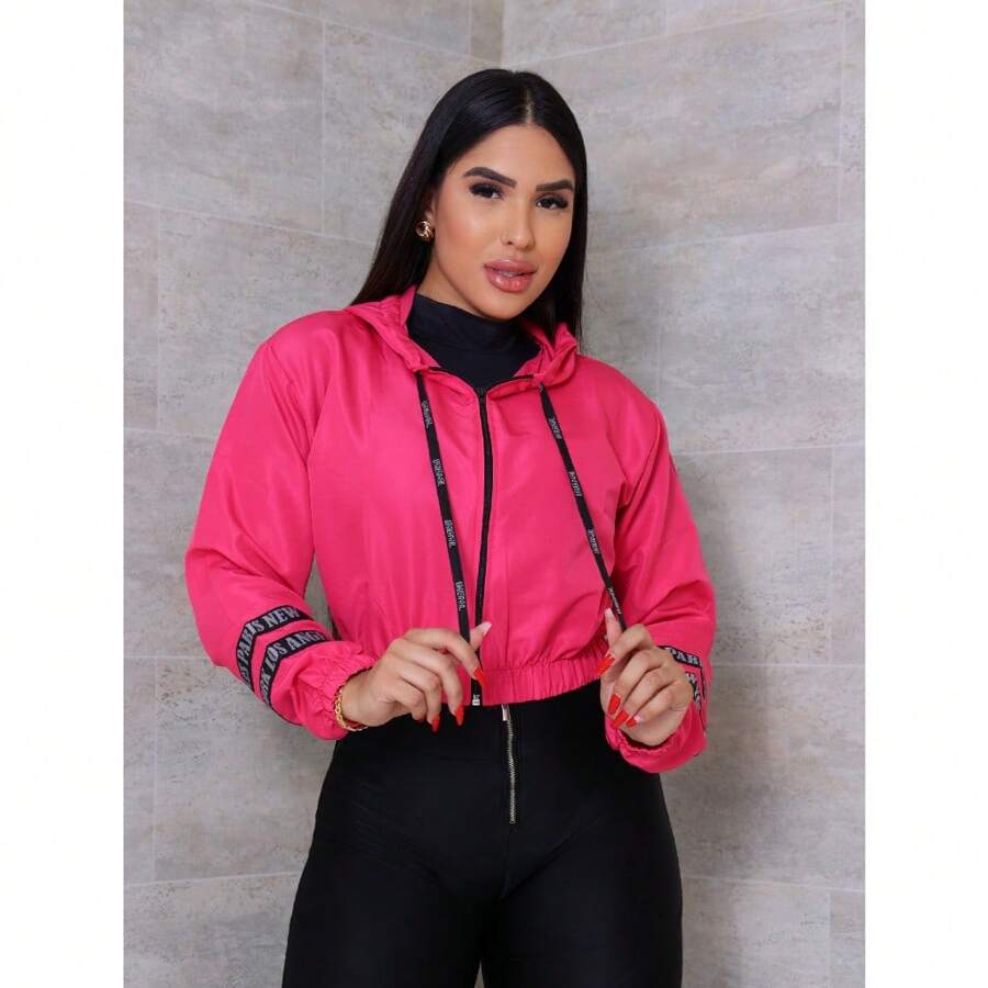 Women's Neon Windbreaker Jacket Coat Tactel Hat Promotion - 玫紅色 - 查看 1