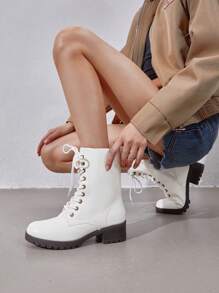 Women's Lace-Up Combat Boots Mid-Calf Militarys Classic And Stylish Winter Festival Christmas Black Boots - 白色 - 查看 7