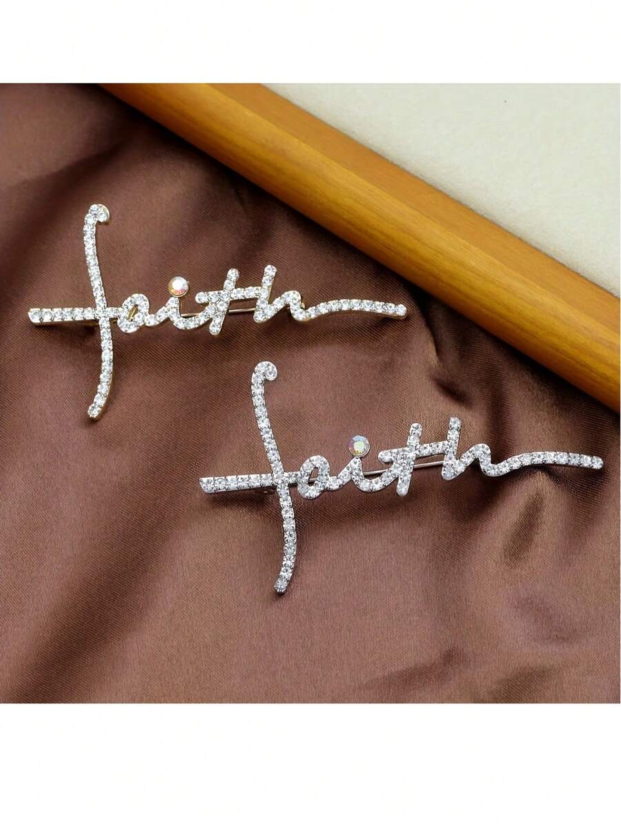 1pc Rhinestone "Faith" Letter Brooch, Suitable For Daily Outfit