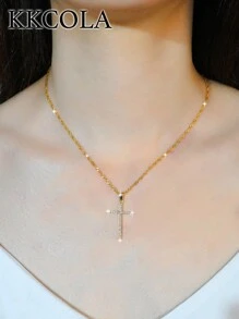 KKCOLA 1入組方晶鋯石十字架吊飾項鍊銅首飾類 - 金黃色 - 查看 2