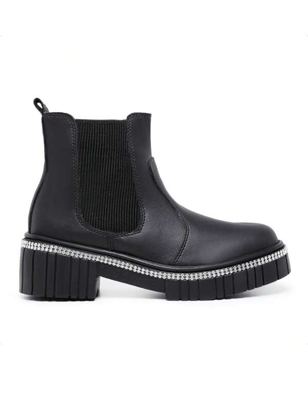 Bota Chelsea Feminina Elástico Blogueira Estilo Conforto Detalhe Sola de Strass Preto