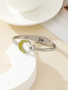 1pc Exquisite Full Rhinestone Crescent Moon Bracelet, Fashionable Versatile Geometric Bangle, Sweet Jewelry, Convenient Spring-Loaded Opening - Bracelet - View 4