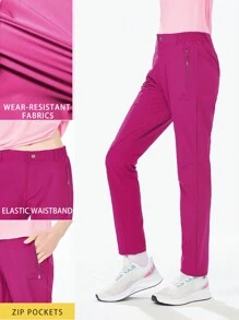 TECTOP Women Cargo Pants Quick Dry Hiking Lightweight Water Resistant Elastic Waist Zipper Pockets - 玫紅色 - 查看 1
