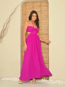 Vestido Longo Feminino Tomara-que-caia com detalhe de amarração no pescoço Maxy dress - Fúcsia - Visão 2